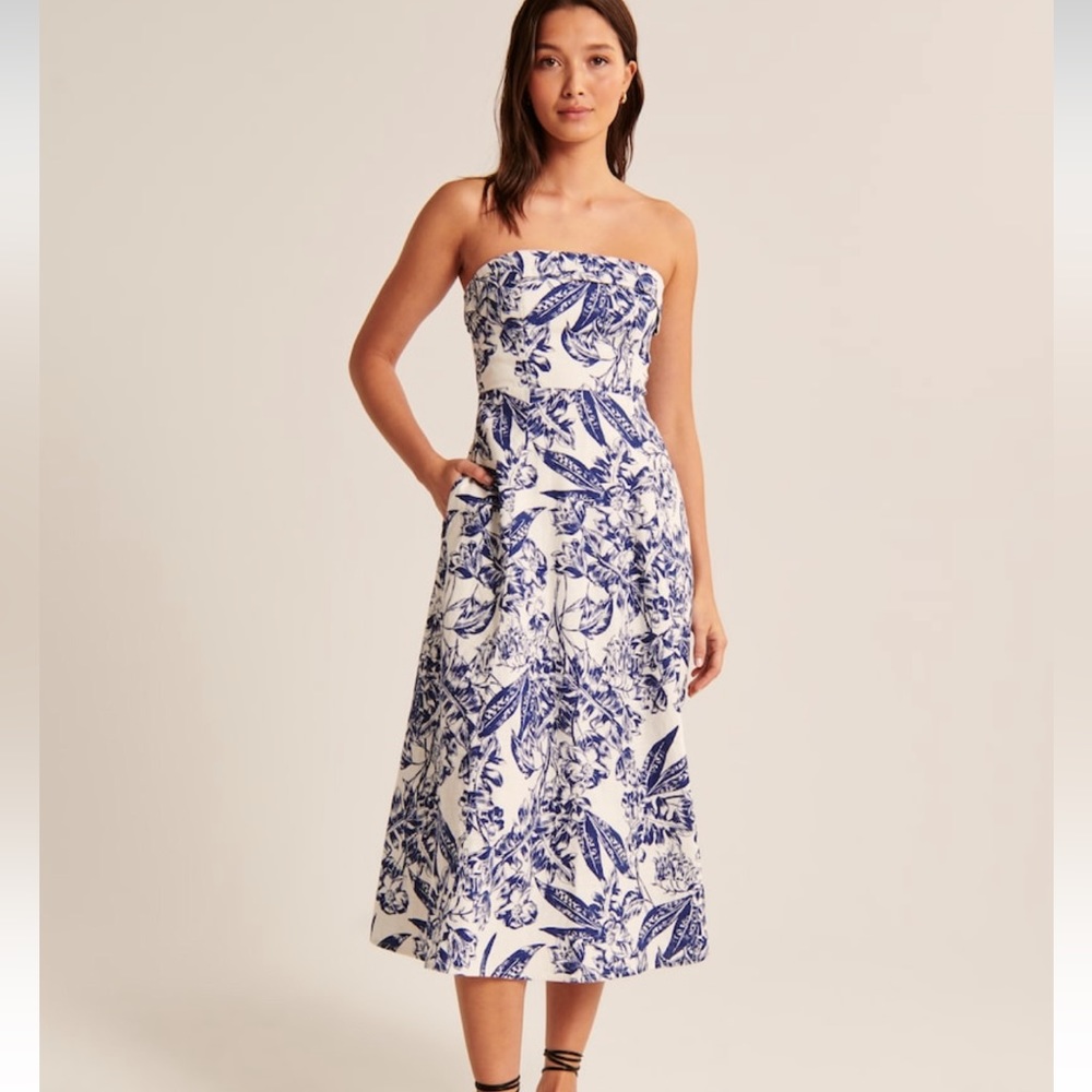 Strapless Linen Blend Midi Dress
